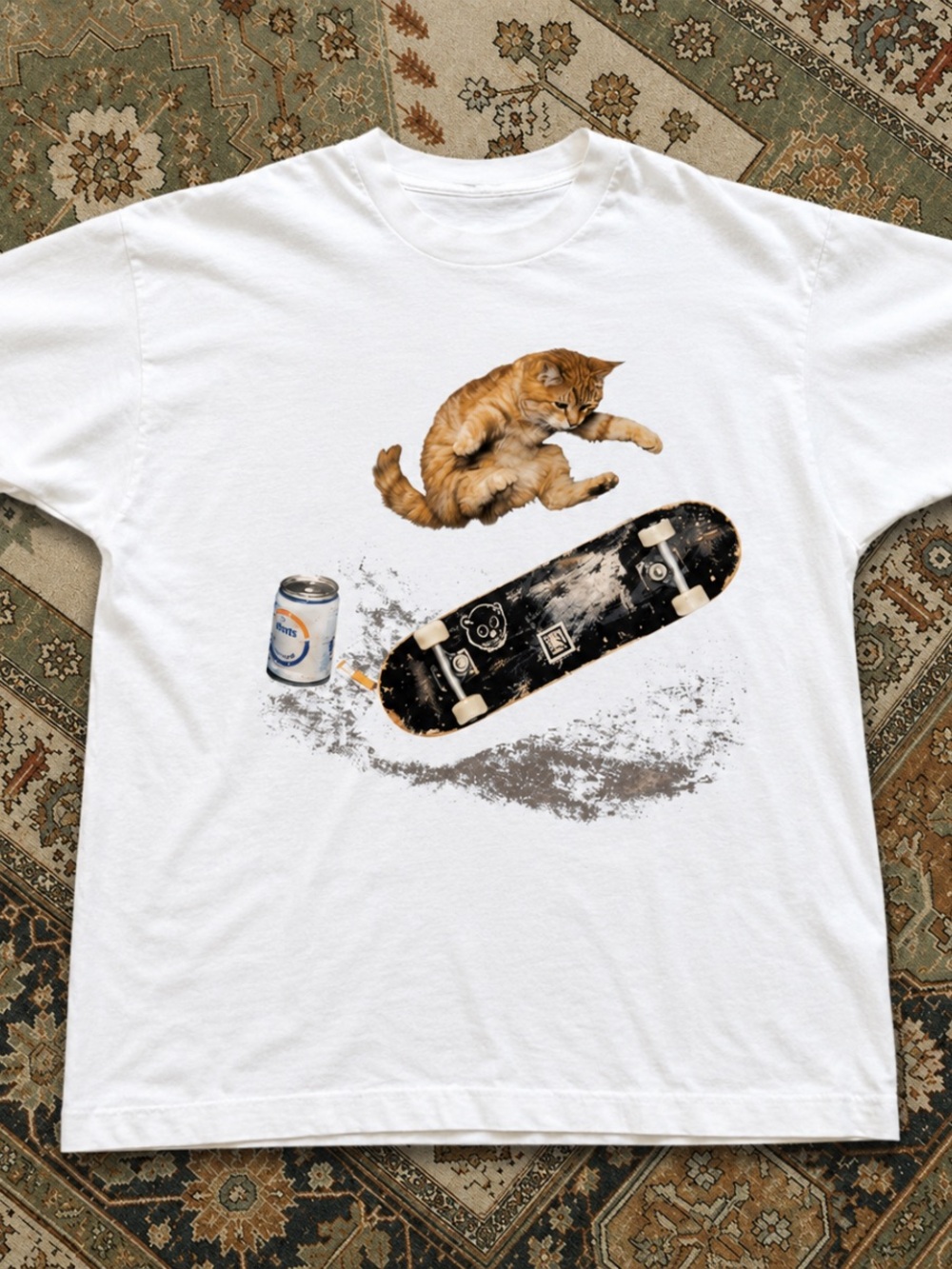 White Cat Skateboard Graphic Pet T-Shirt Unisex Size L